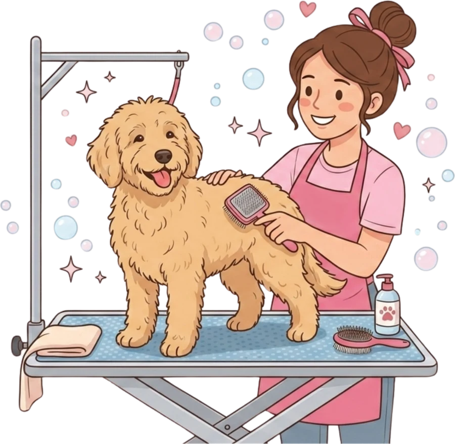 A Shaggy Doggy Spa groomer brushing a happy doodle on the grooming table