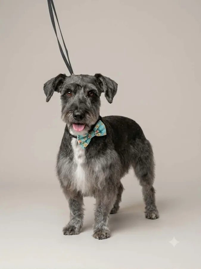 A silver Schnauzer looking sharp with a bow tie