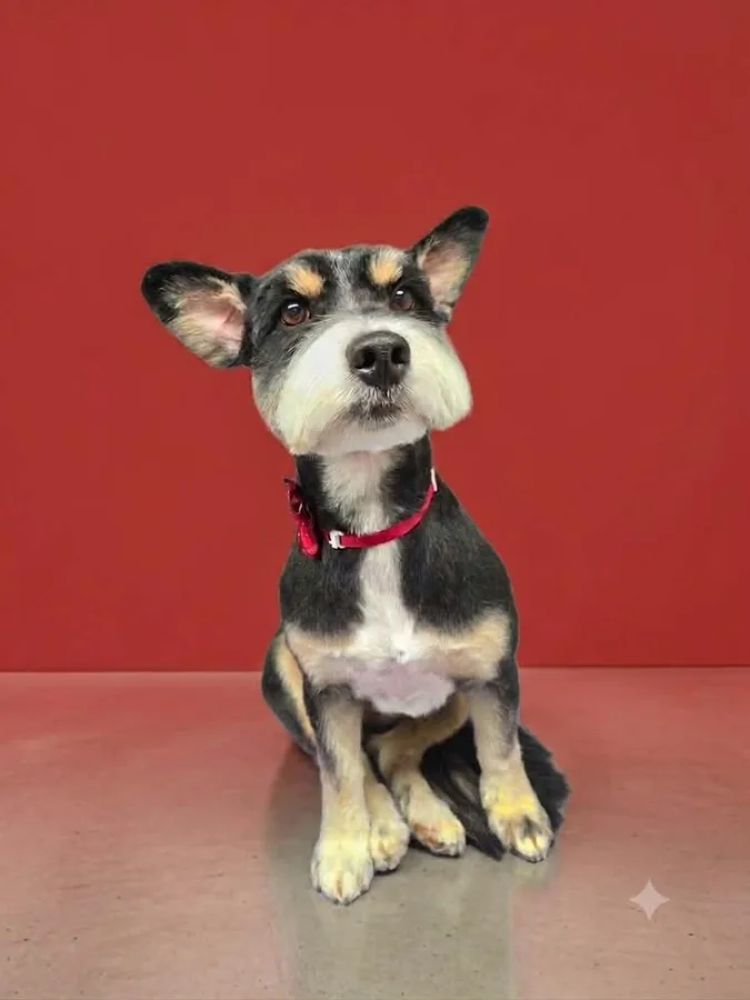 A black-and-tan terrier fresh from the grooming van