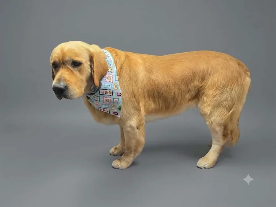 A golden retriever in a bandana after a full groom