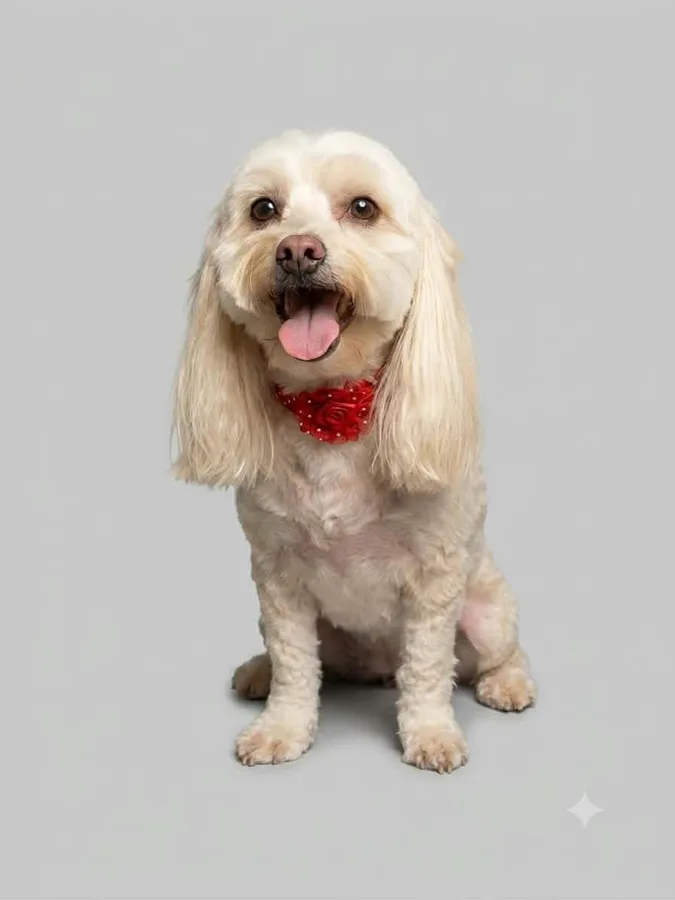 A cream Cockapoo smiling with a red collar